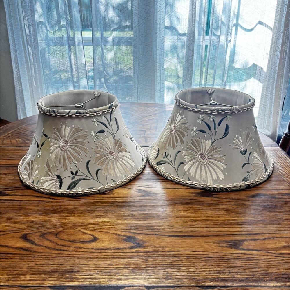 2-Vintage Replacement Embroidered Flower Frederick Cooper Lamp Shades Brass